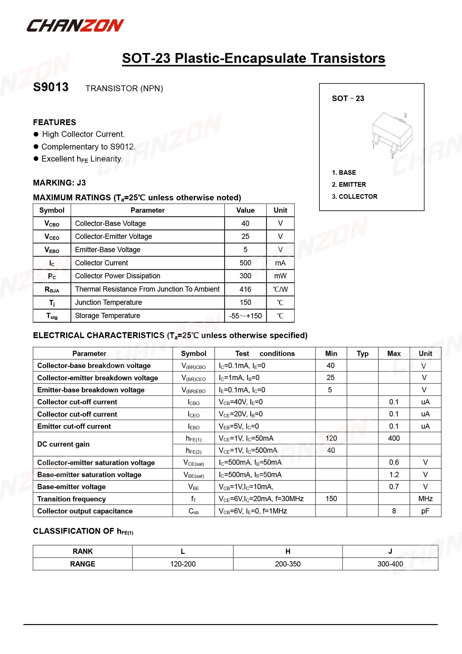 100 шт. S9013 SOT-23 SMD NPN транзистор биполярное соединение BJT триодная трубка Fets а 25 в Mark J3