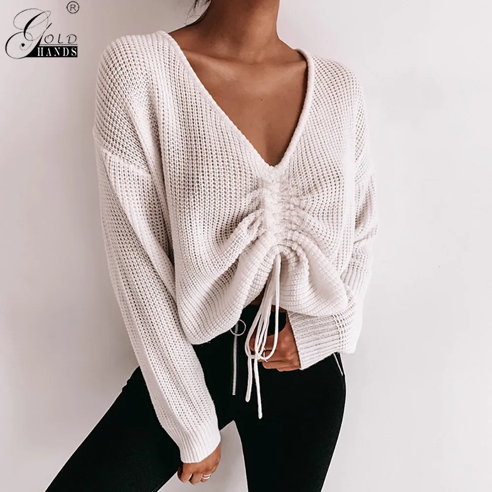 Gold Hands 2019 Sexy Fold Drawstring Solid Sweaters for Women Autumn Loose Knitted Outwear Casual V Neck Sweater Pullovers | Женская