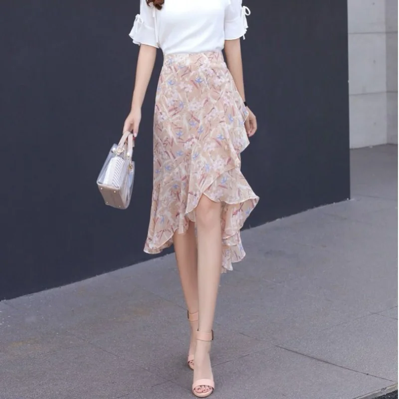 Шифоновые юбки с цветочным рисунком для женщин летняя тонкая Асимметричная юбка
