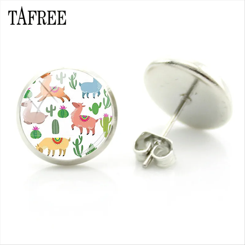 YT11 TAFREE, серьги-гвоздики из альпаки с изображением животных ламы, художественное изображение, стеклянный кабошон, очаровательные серьги для девочек и женщин, ювелирные изделия ручной работы, Gtifs YT13 - Окраска металла: YT11