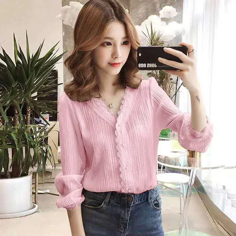 

2021 New Women's Spring Autumn Style Chiffon Blouses Women's Casual Long Sleeve Patchwork Shirts Women's Tops High Quality