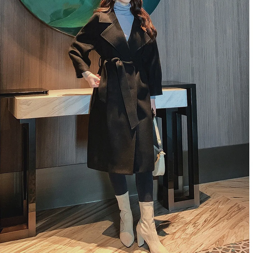 Новая мода 2019 Женское зимнее шерстяное пальто с лацканами удлиненный верхний