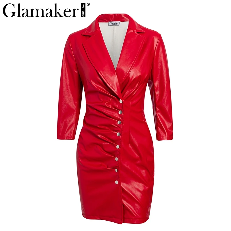 Красный Glamaker Плиссированное красное платье из искусственной кожи, Женское зимнее облегающее мини-платье с длинным рукавом, элегантное осеннее сексуальное Клубное платье с v-образным вырезом, вечерние платья - Цвет: Красный