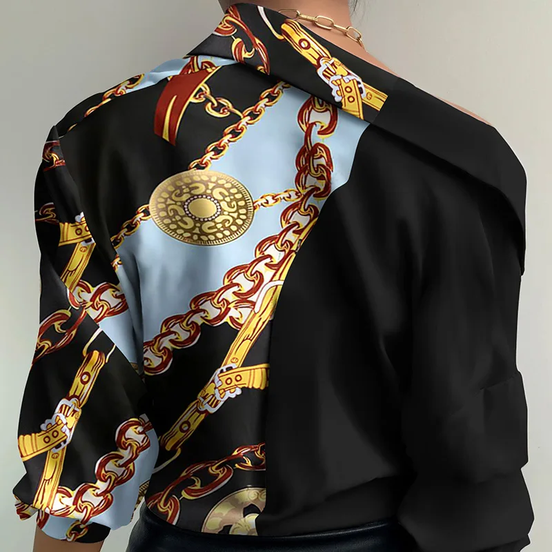 

Chain Print Stitching Long Sleeved Shirt Women Casual Streetwear Ladies Tops Summer Stitching Print Shirts Female