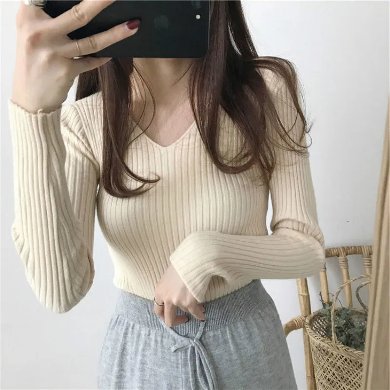 Женский свитер модные белые свитера с V-образным вырезом корейские винтажные