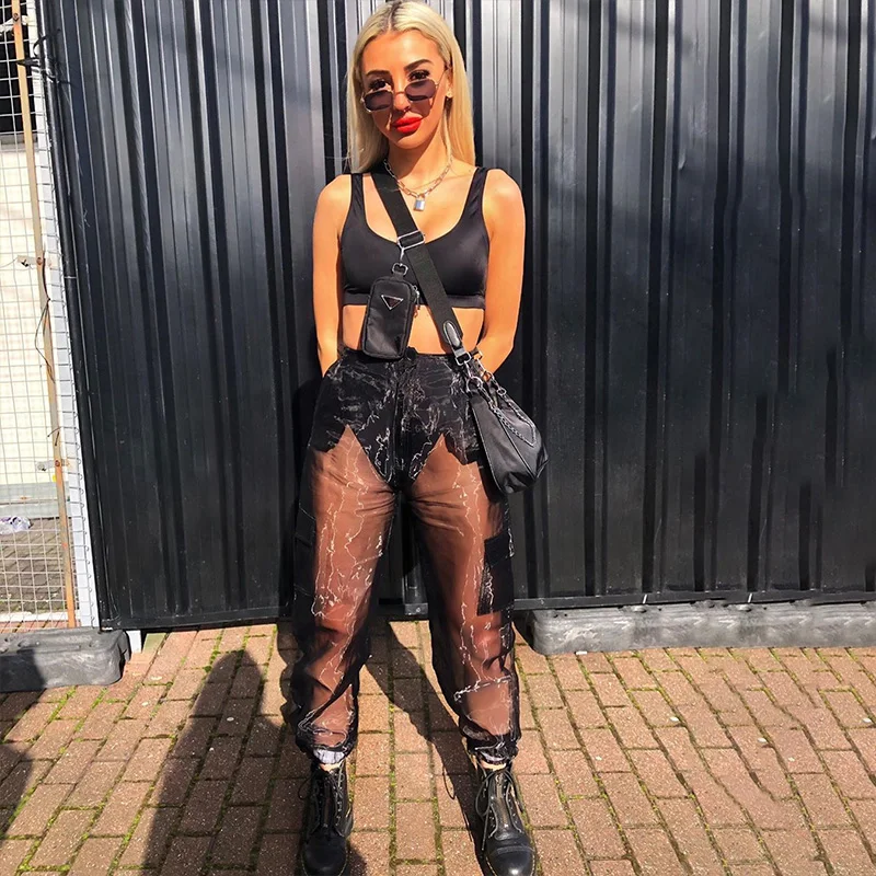 Женские прозрачные сетчатые брюки карго Harajuku черные Лоскутные Спортивные штаны