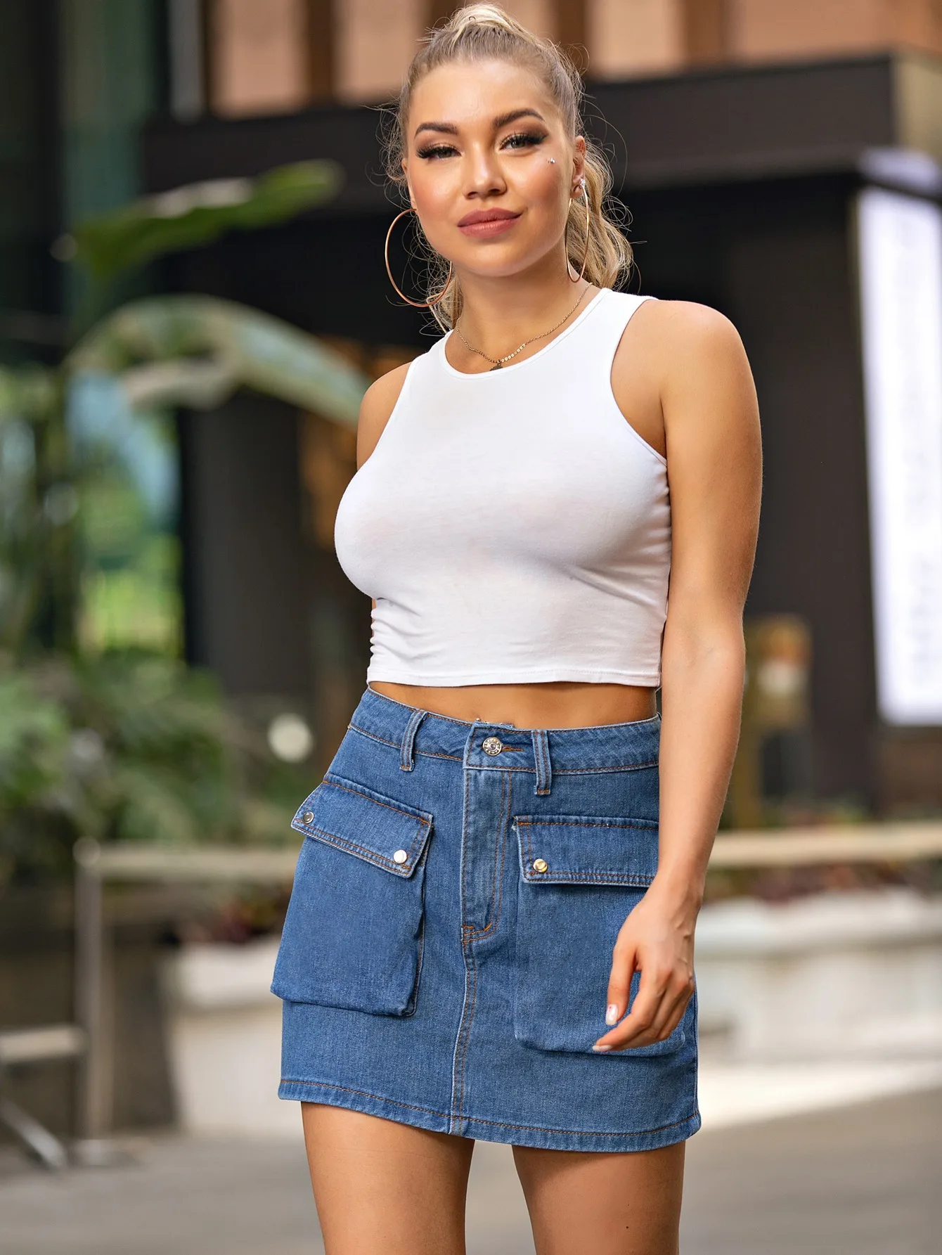 

FNOCE 2002 new women's denim dress sexy nightclub fashion Pockets solid high waist slim all-match tight bag hip mini bust skirts