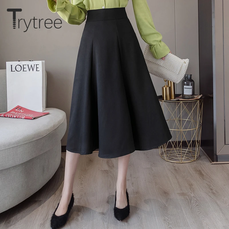 Trytree осенне-зимняя повседневная женская юбка, модные юбки, полиэстер, на молнии, одноцветная, 3 цвета, до середины икры, трапециевидная, офисная, Женская юбка