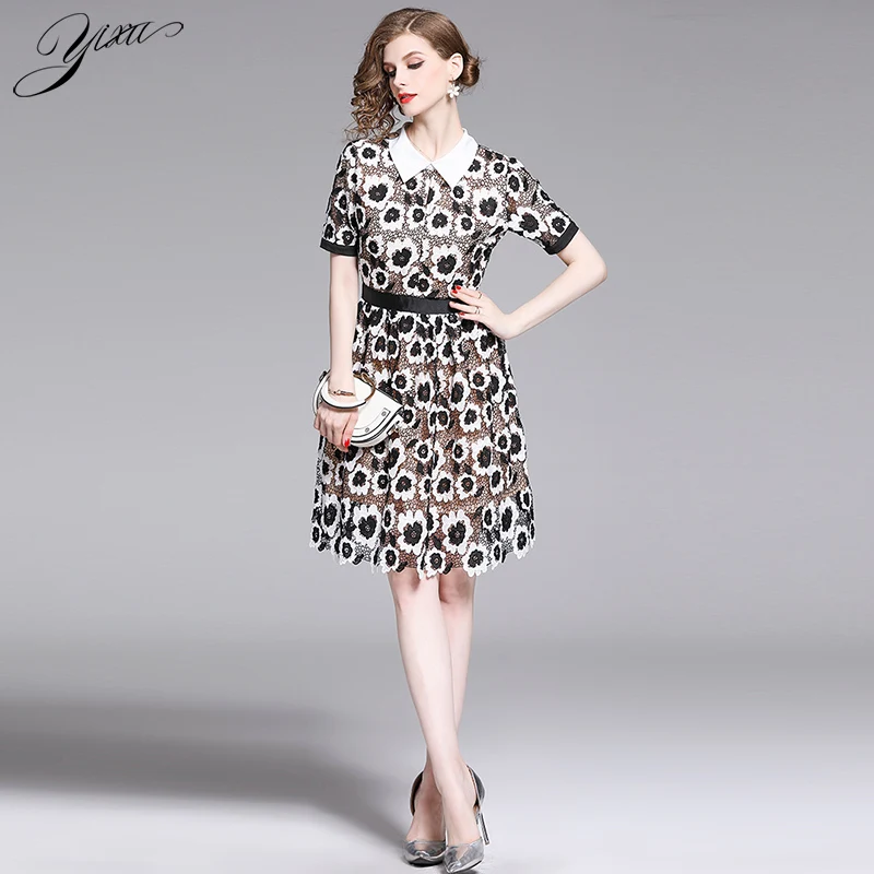 Runway Woman Floral Lace Dress Short Sleeve Elegant OL Party Dresses Slim A-line Laces Women Summer | Женская одежда