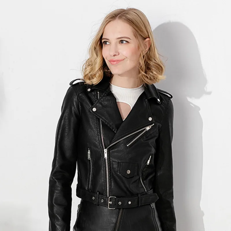 Куртка женская из искусственной кожи с длинным рукавом на молнии 2019|Кожаные