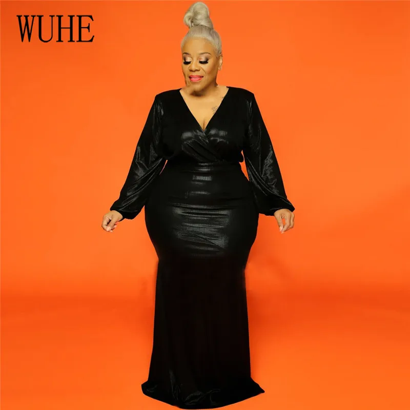 

WUHE Sparkling Floor Length Dresses Gold Stamping Sexy Deep V Neck Long Sleeve Plus Size S-5XL Slim Elegant Women Party Dresses