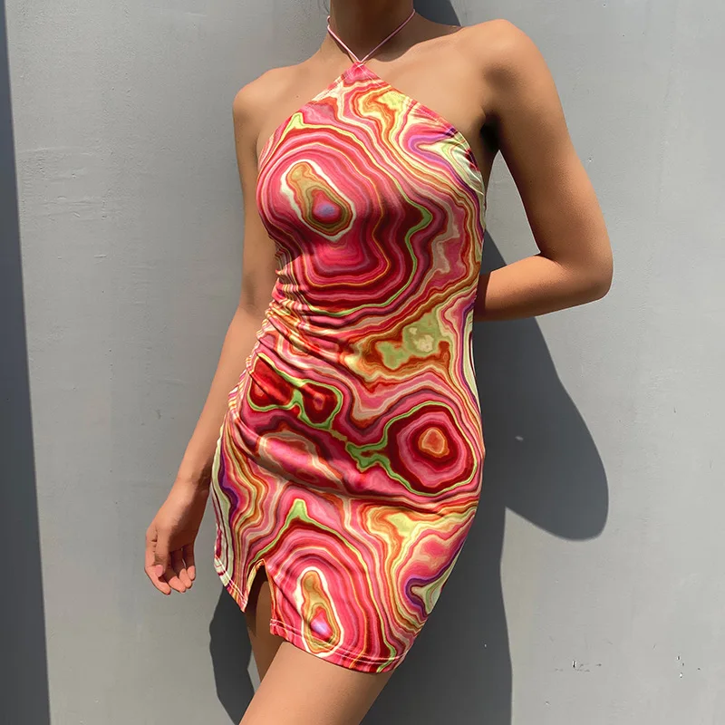 

2021 dresses women summer printed milk silk Halter Lace Up temperament slim dress for women