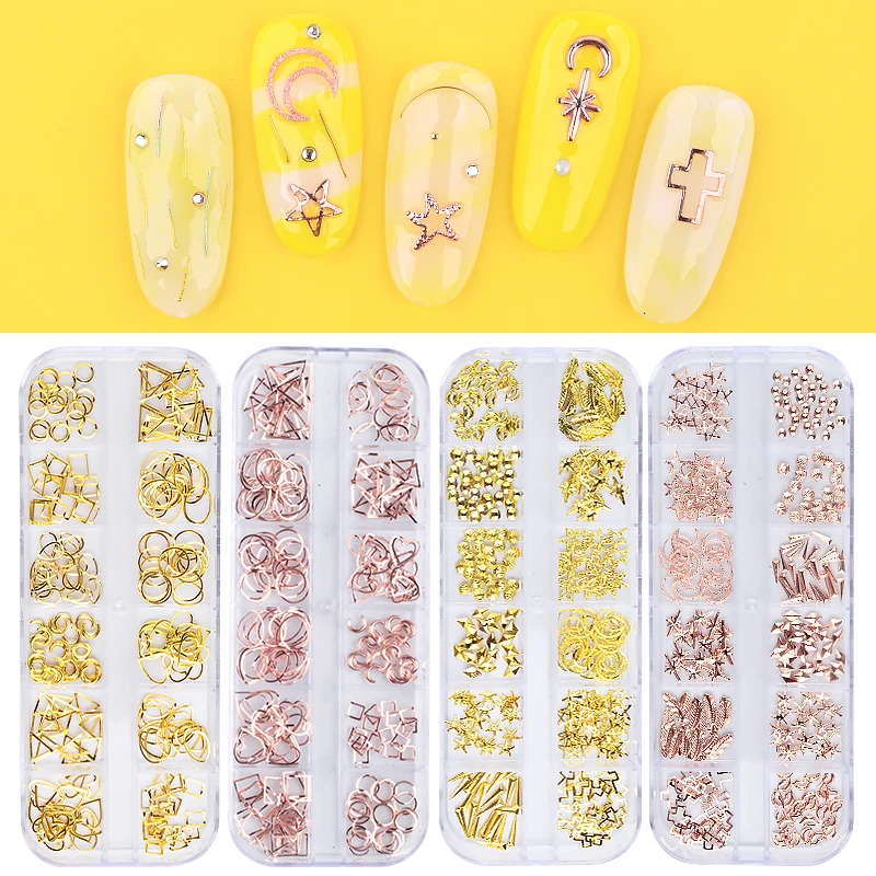 

12 Types 1Box Rose Gold Hollow out Metallic Rivet 3D Nail Studs Metal/Copper hollow out studs nail riveting Hear/Starfish/feater