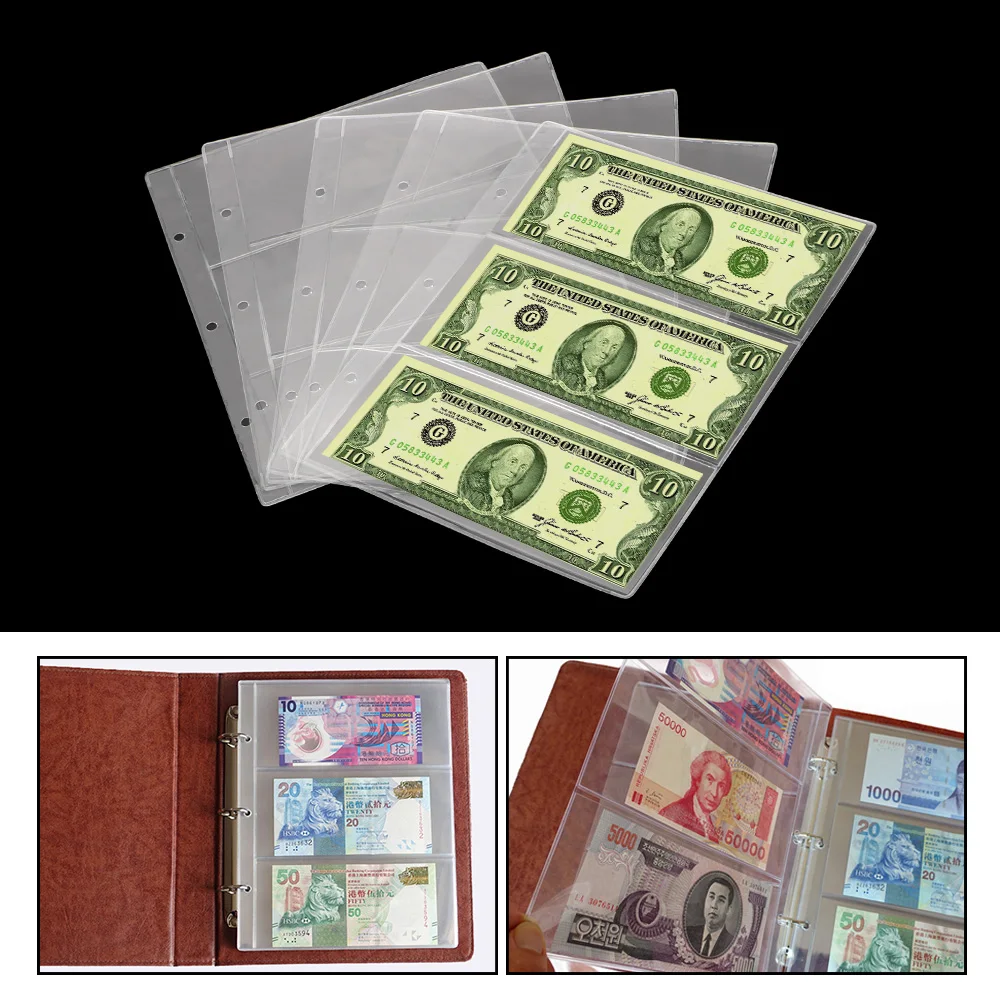 

Banknotes Holder PVC Paper Money Protective Bag Loose Leaf Sheet 3-Slot Paper Money Collection Album Transparent Money Banknote