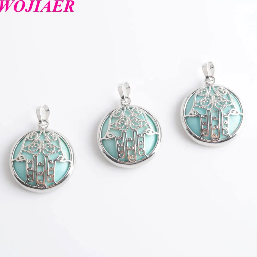 

WOJIAER Natural Stone Cabochon Crystal Pendants Turquoises Fatima Hamsa Hand Amulet Silver-color Charm Jewelry PW9025