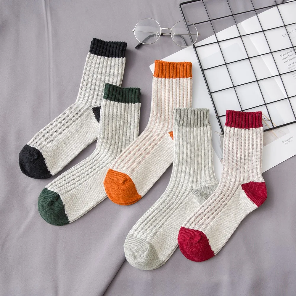Woman Solid Cotton Socks Multi Cuff Girls Ribbed Socks Sport Socks Warm Winter Socks Crew Socks Female Ankle Socks 5 Pairs/ lot
