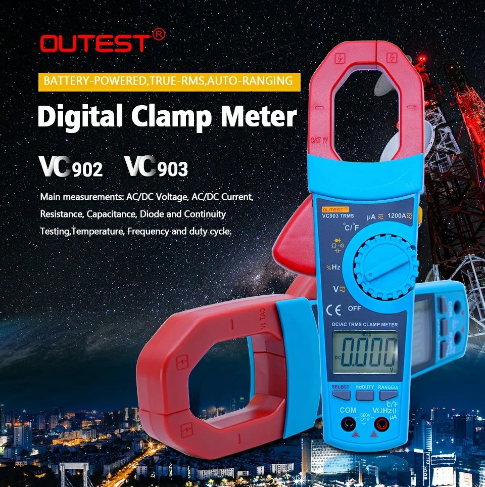 OUTEST True RMS AC/DC Цифровой клещи Авто Диапазон ac dc Напряжение Ток Сопротивление Емкость рабочий цикл 1%~ 99% 1200A