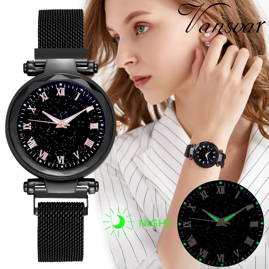 

Roman Numerals Quartz Watch Starry Dial Stainless Steel Mesh Strap Watches for Women Wristwatch Montre Femme Zegarek Damski