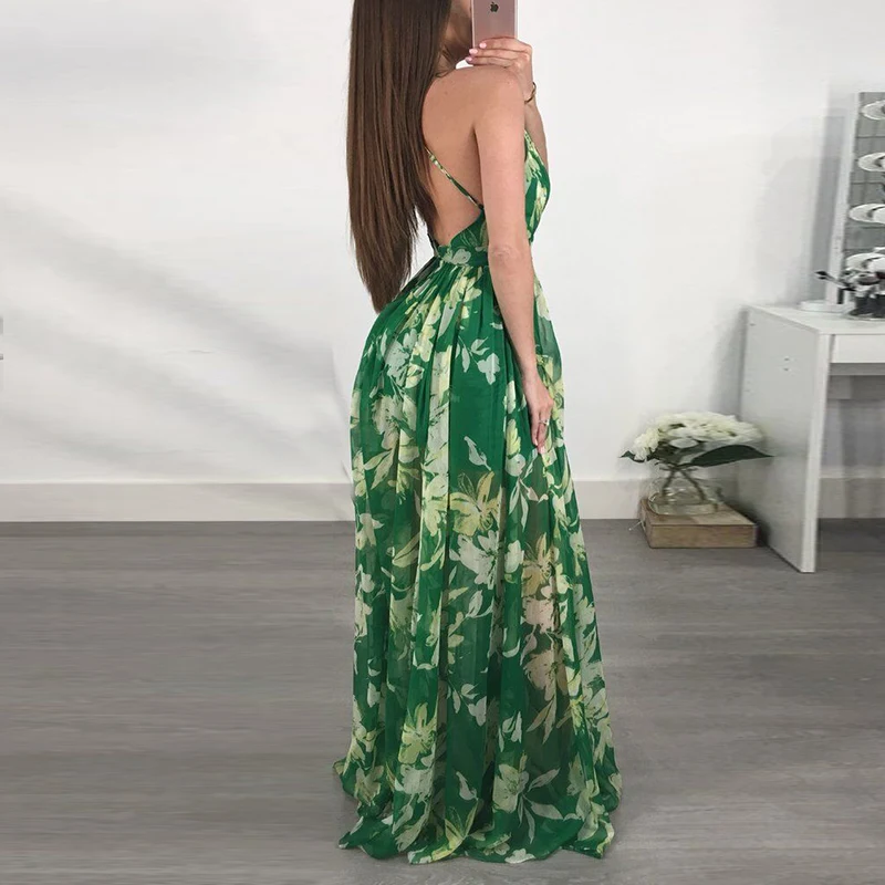 Женская обувь зеленого цвета в стиле Бохо Пляжное Платье макси с принтом летние