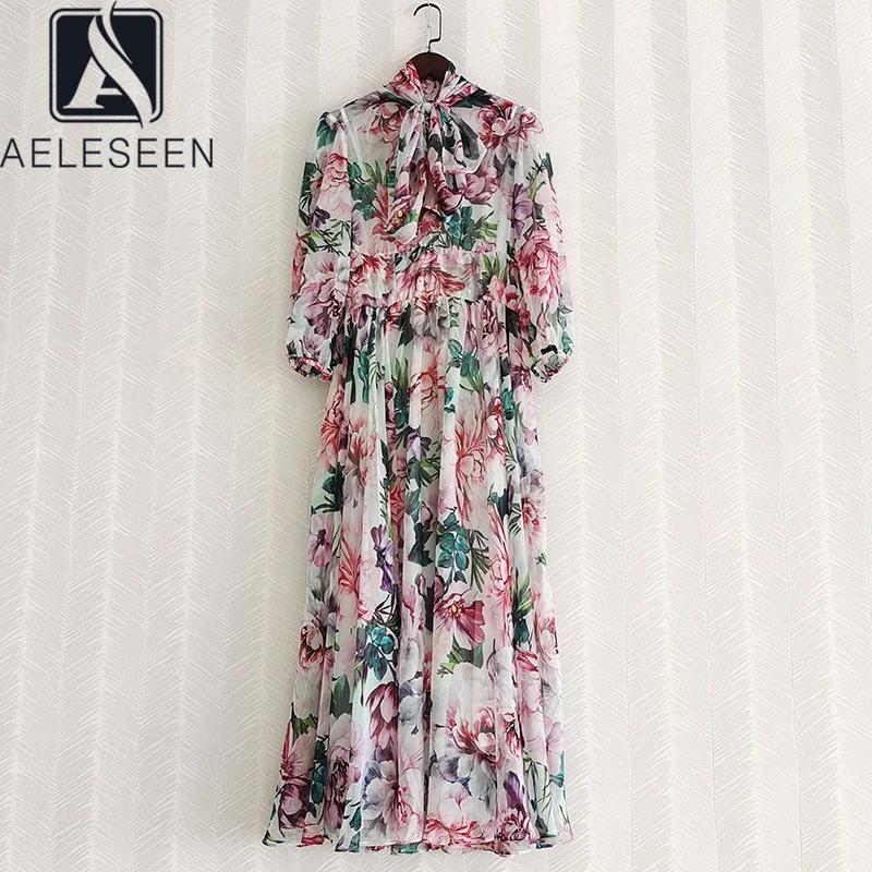 

AELESEEN взлетно-посадочной полосы модное летнее платье 2021 для женщин с длинными рукавами и бантом на Coallr с цветочным принтом длинное шифоновое...