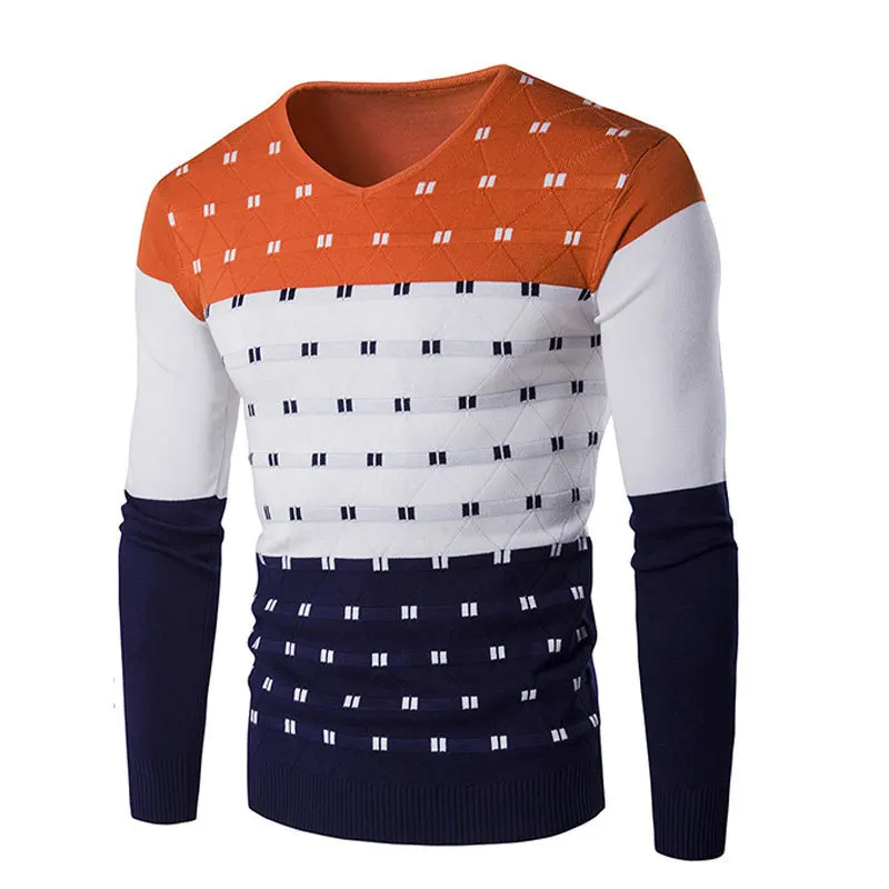 

2021 Spring Autumn Men's Patchwork Sweater Cotton Thin Slim V-neck Pullover Simple Warmer Comfortable Outware Clothing Low Price