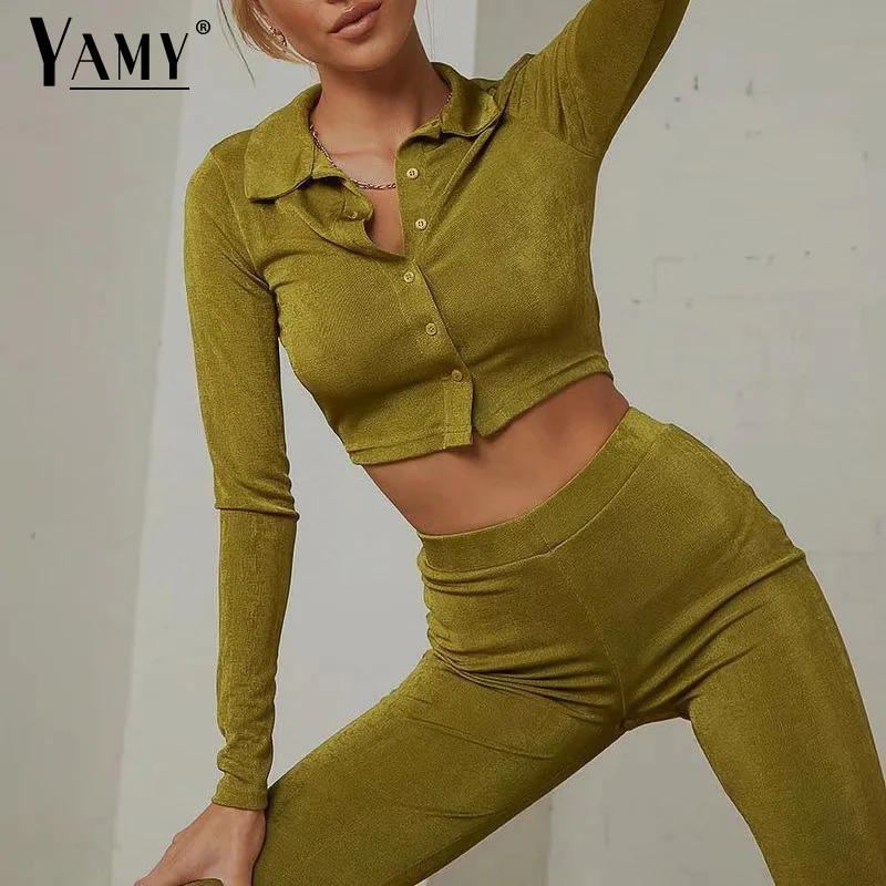 

Брюки с высокой талией в комплекте, Модный женский топ в Корейском стиле с длинным рукавом, уличные расклешенные брюки, зеленые рубашки на п...