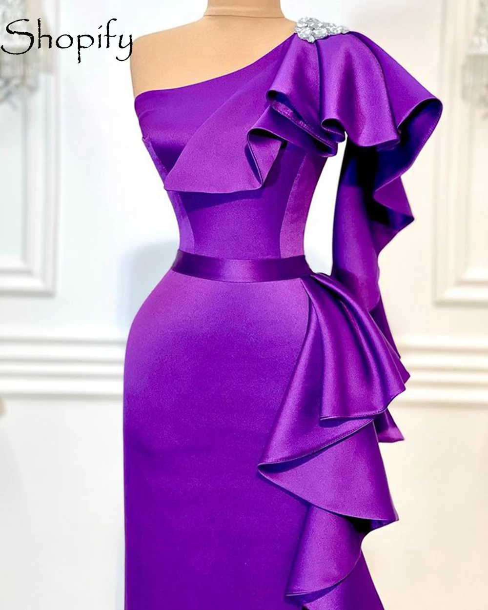 

Simple Long Evening Dresses 2021 Mermaid One Shoulder Ruffles High Slit Purple Satin African Women Formal Party Gowns