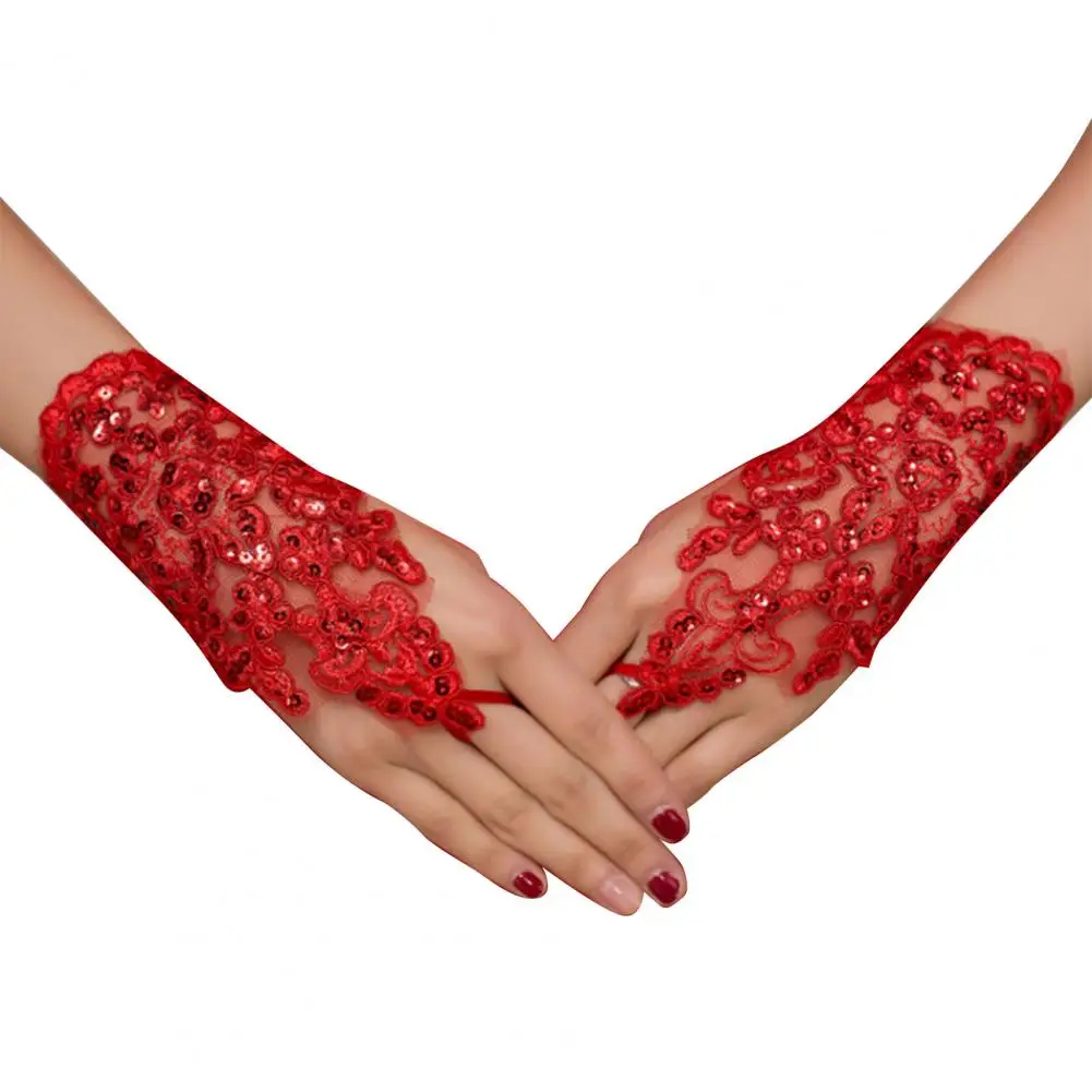 

Ladies Lace Gloves Sexy Bead Embroidery Ladies Lace Elegant Short Gloves for Bridal Gloves Outdoor Party Dancing Dress Glove