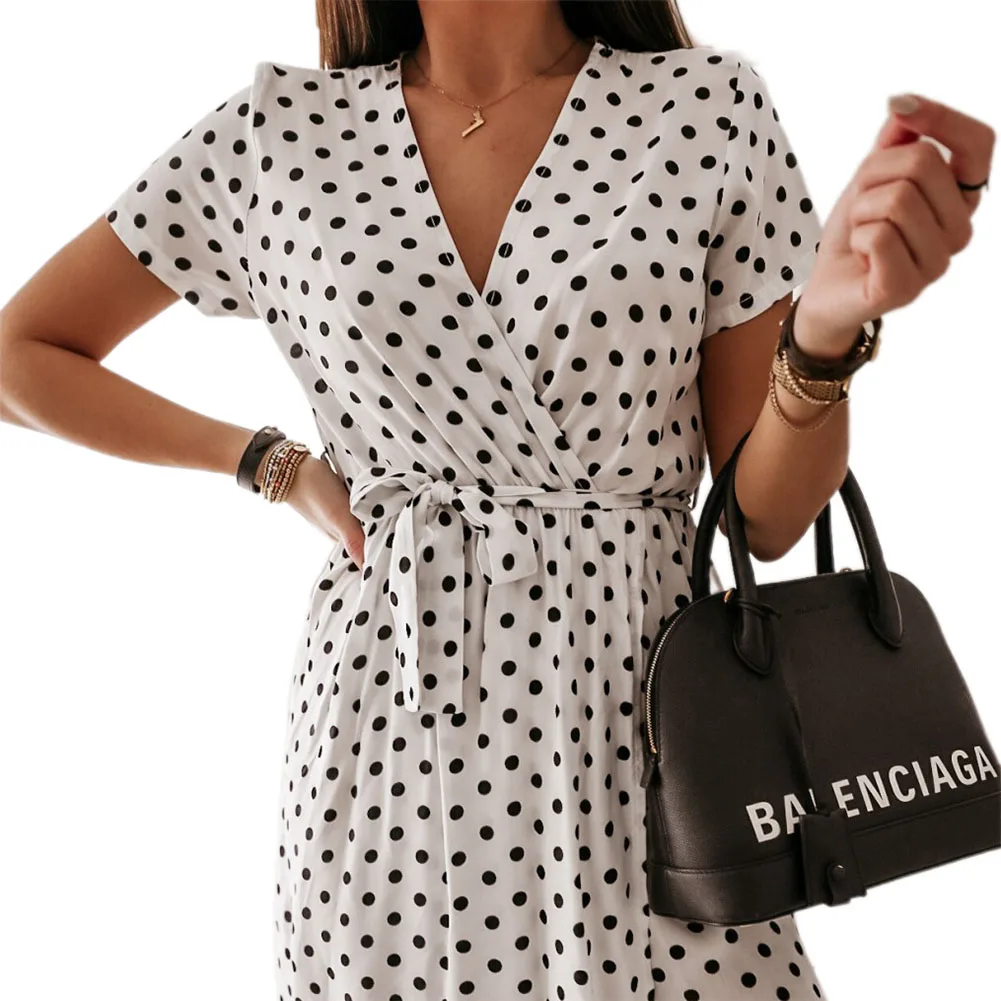 

Women Deep V-Neck Dress with Belt Short Sleeve Polka Dot Print Dress Summer Casual Mini SundressFemale Boho Split Vestidos S-XL
