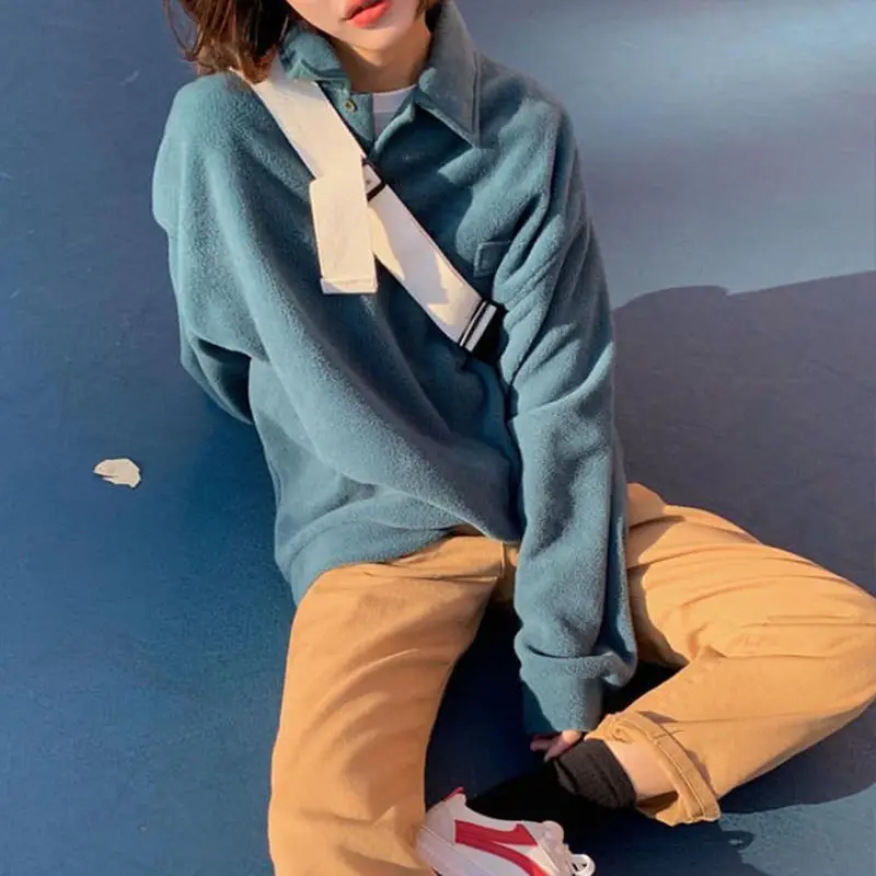 Осенние теплые флисовые толстовки женские свободные однотонные модные