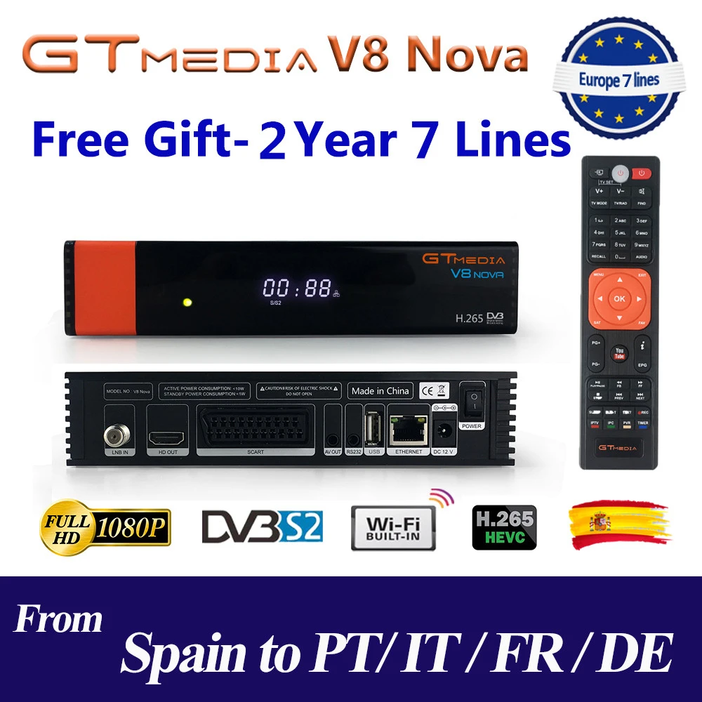Приемное устройство спутниковый приемник Gtmedia V8 nova HD 1080P с 2 лет Европы 7 линий встроенный Wifi H.265 DVB-S2 коробка Корабль из Испании
