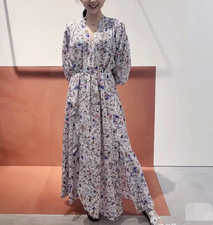 

Retro Print Women V-neck Midi Dress Color Matching Lady Long-sleeved Pleated Split Female Slim Long Dresses 2020 New