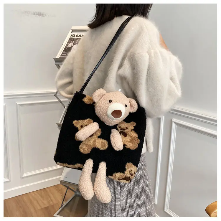 

2021 Cartoon Plush Women Tote Bags Female Handbag Fashion Ladies Crossbody Bags Bear Print Shoulder Bags for Girls Shopping Bags