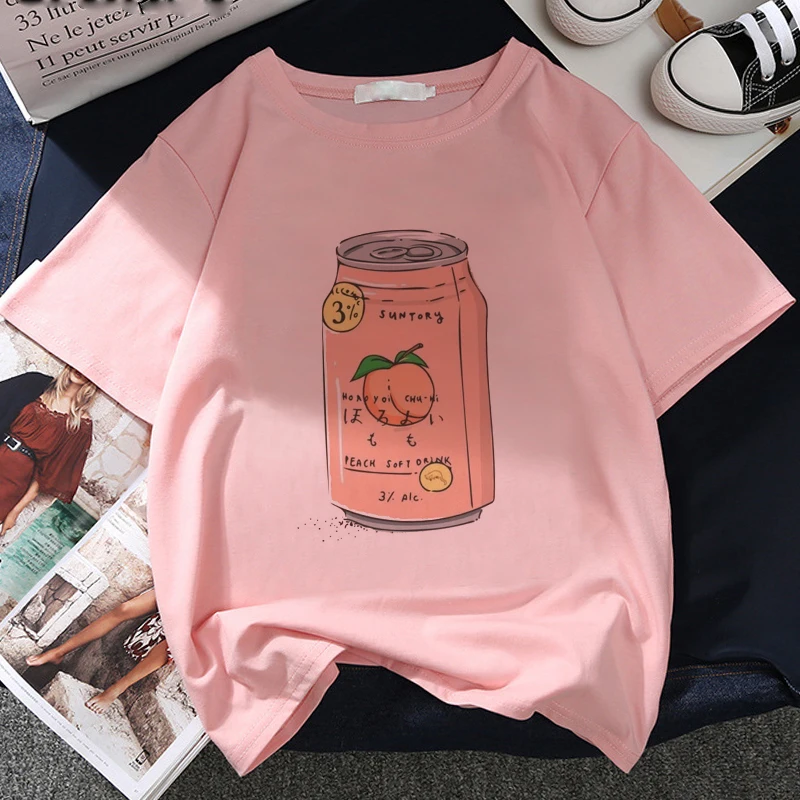 

Women 2020 New Summer Fashion Tshirt Tee Japan Strawberry Juice Graphic Print T-shirt Harajuku Aesthetic Pink Top Female T Shirt