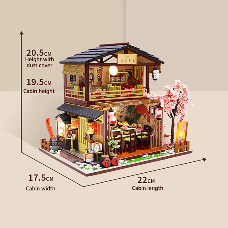 

DIY Miniature Dollhouse Kit Vintage 3D Model Building Japanese Sushi Restaurant Birthday Gift Wooden Large Doll House Furniture