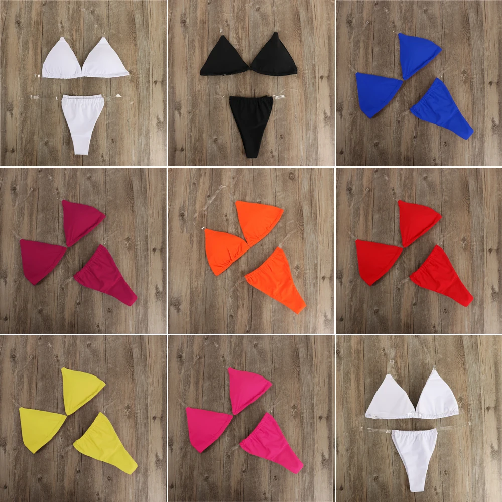 Комплект женского прозрачного бикини с бретельками через шею однотонный