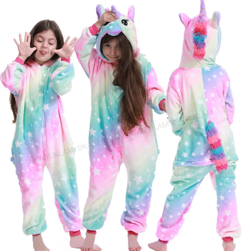 Onesie/Детская Пижама кигуруми с единорогом; зимняя Пижама с пандой; Пижама с единорогом для мальчиков и девочек; Фланелевая пижама с животными для костюмированной вечеринки; одежда для сна с капюшоном