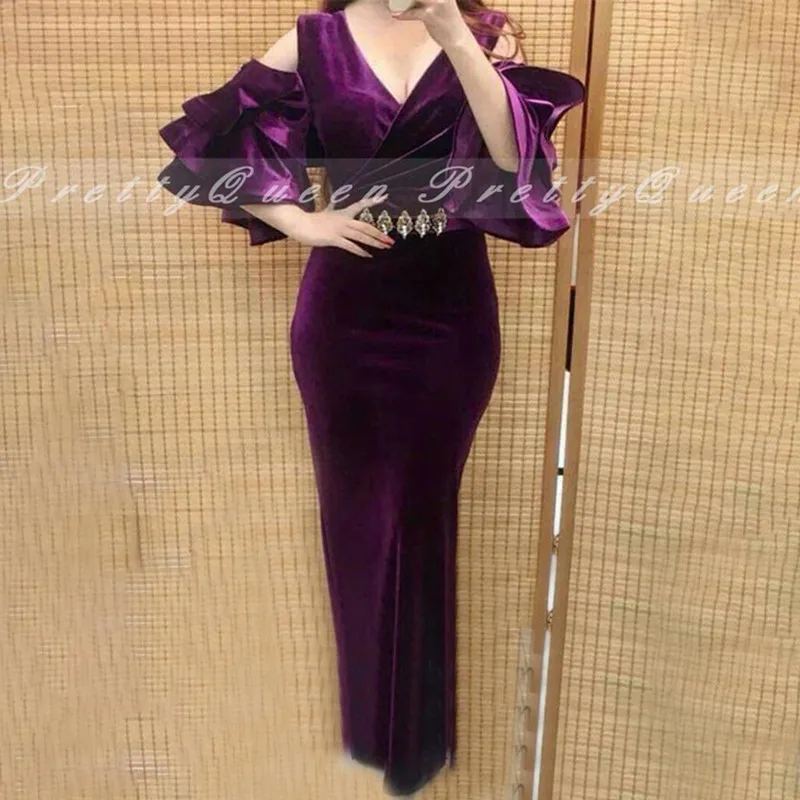 2021 фиолетовые бархатные вечерние платья футляры с бусинами короткими рукавами