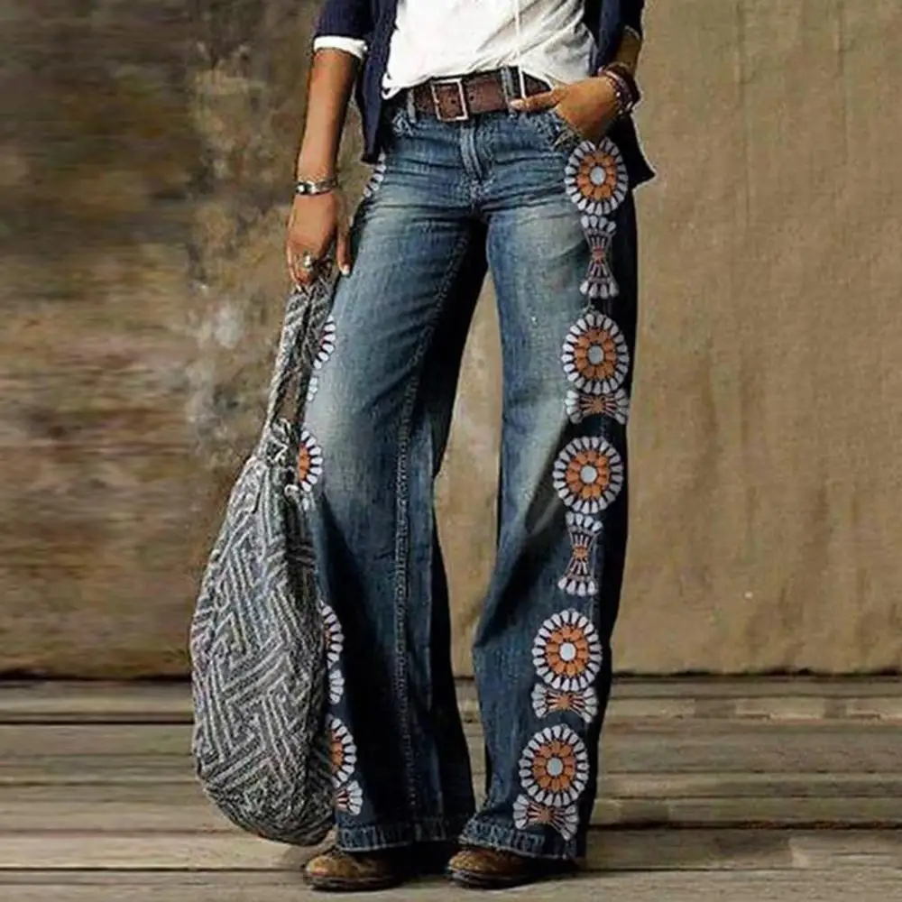 

Fall/Winter Women's Fashion High Waist Floral Print Loose Wide Leg Jeans Denim Trousers Dating Daily