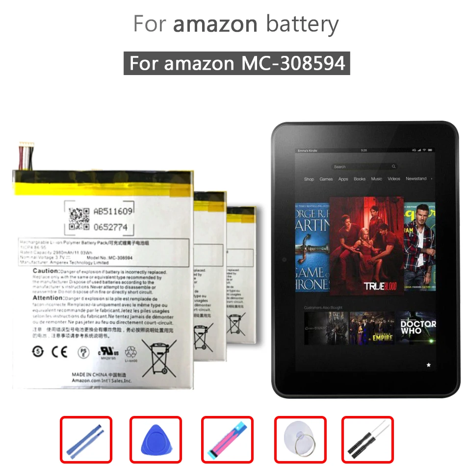 2980 мА/ч MC 308594 Батарея для Amazon Kindle Fire 7 5th Gen SV98LN Батарейки + Бесплатные