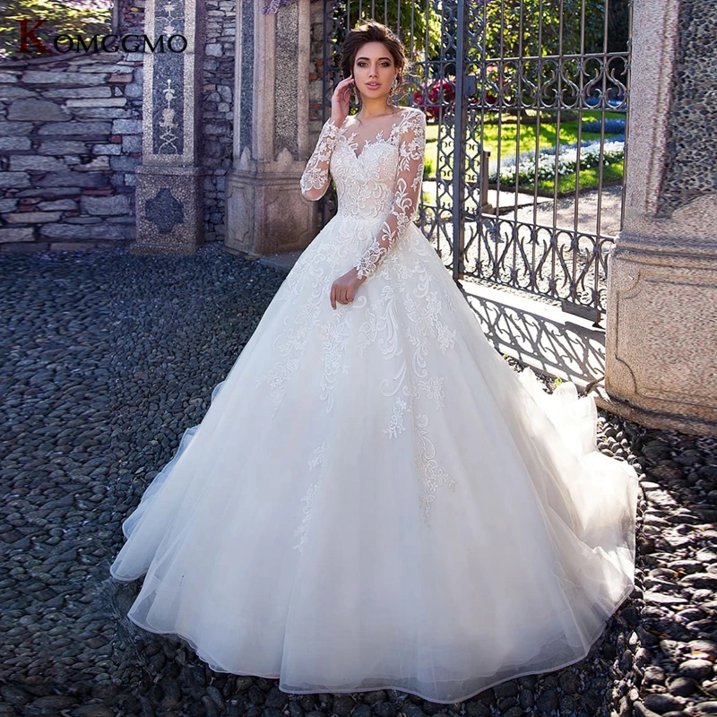 

2021 Hot Sale Full Sleeve Chapel Train Bridal Ball Gown Luxury Embroidery Appliques Tulle Button Back O-Neck Wedding Dress