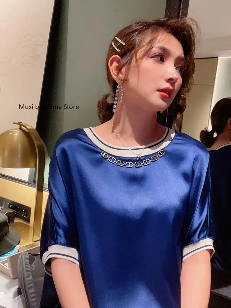 

Muxi women sapphire blue luxury T-shirt heavy industry chain short sleeve round neck T-shirt women's loose summer top 2021 NEW