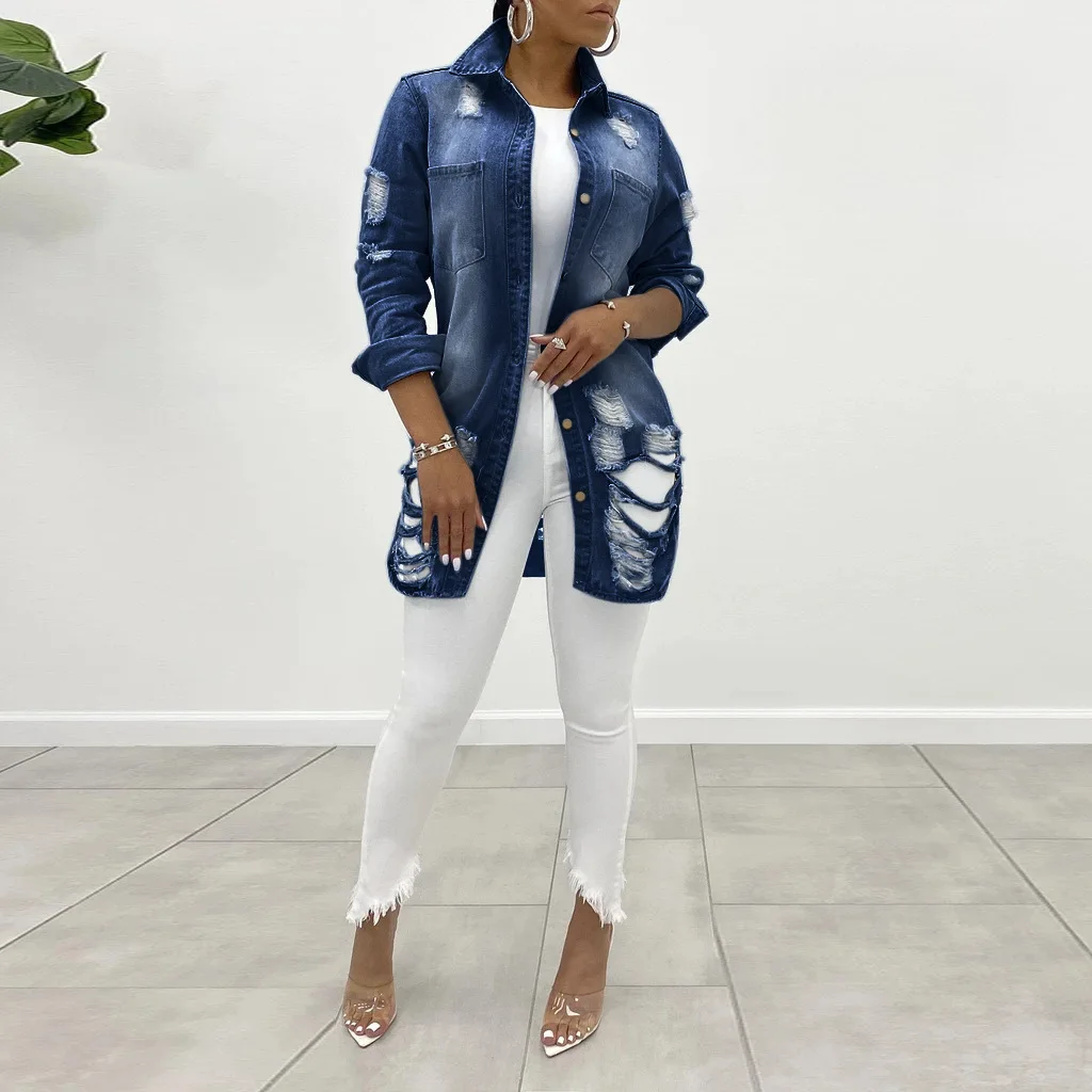 

Женское повседневное джинсовое пальто с длинными рукавами, модная однотонная однобортная куртка с рваными лацканами