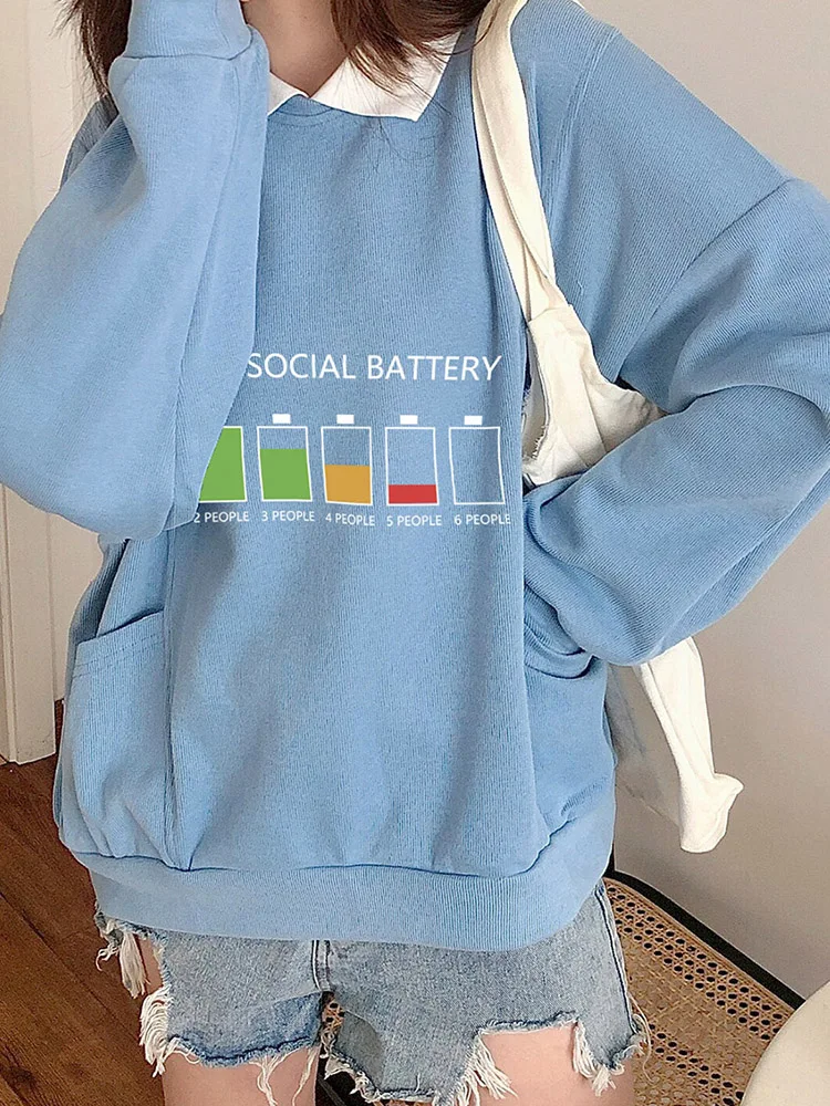

Женская толстовка с отложным воротником и графическим принтом MY SOCIAL BATTERY, корейский пуловер, Свободный свитшот с длинным рукавом, уличная одежда