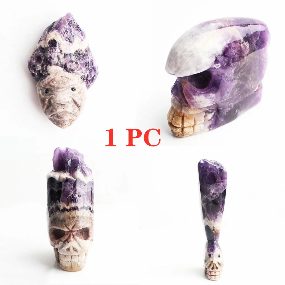 

Аметистовый кластер с скульптурой, Череп, лицо, кристалл, Play Reiki, украшение для дома