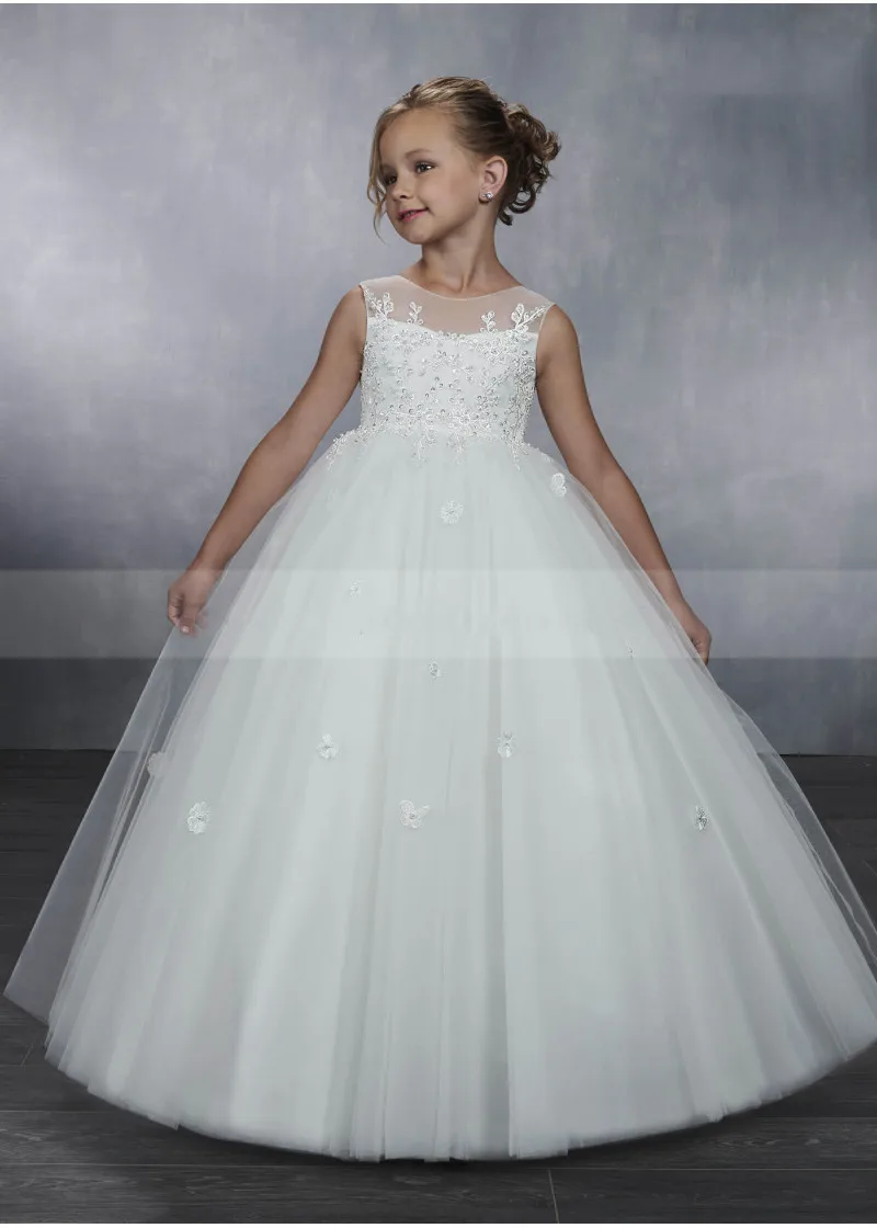 

Girls Dresses Illusion Neck Beaded Ivory Lace Tulle Floor Length Corset Back Flower Girl Dress Kid First Communion Dress