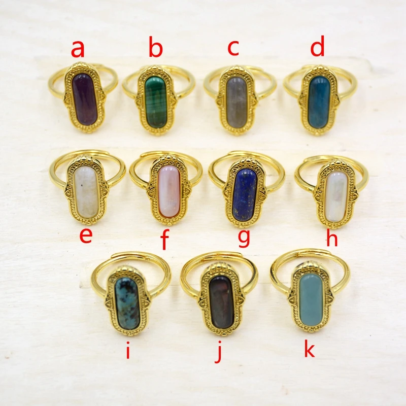 

Gold-plated Long Oval Vintage Black shell Rings natural amaznoite lapis lazuli malachite Statement Rings gems stone rings