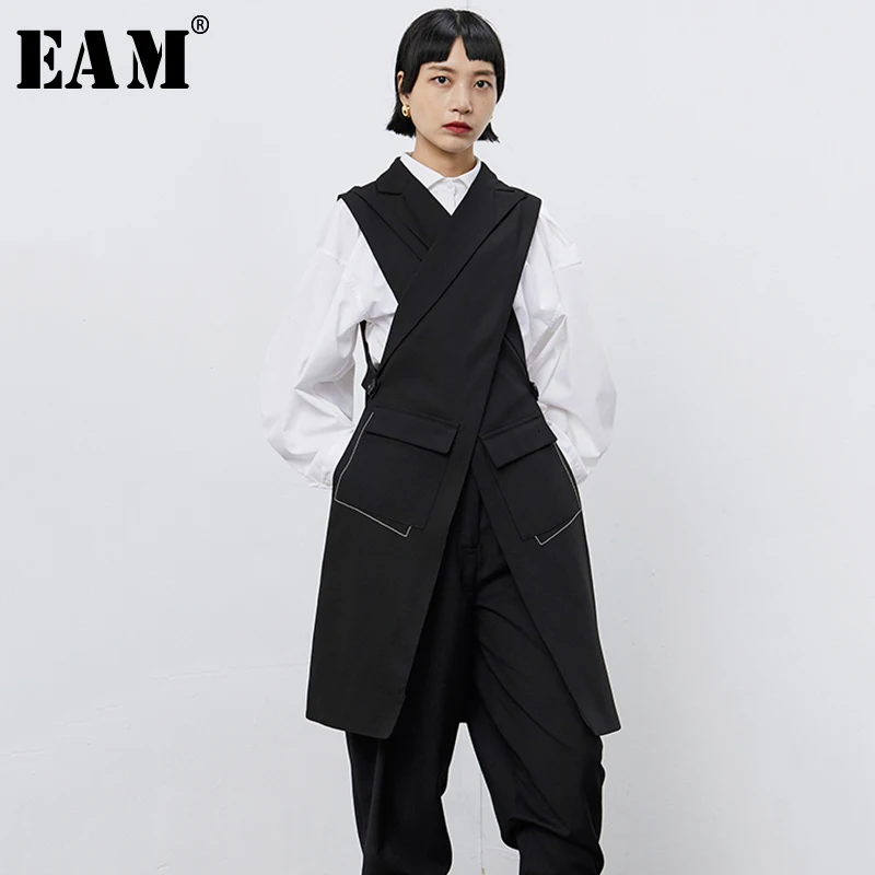 

[EAM] Women Black Cross Split Joint Long Asymmetrical Loose Fit Vest New V-collar Sleeveless Fashion Spring Autumn 2021 1B677