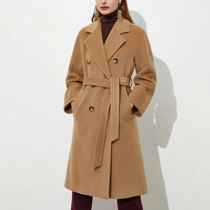 

Женское двухстороннее кашемировое пальто средней длины на осень и зиму, классическое двубортное шерстяное пальто