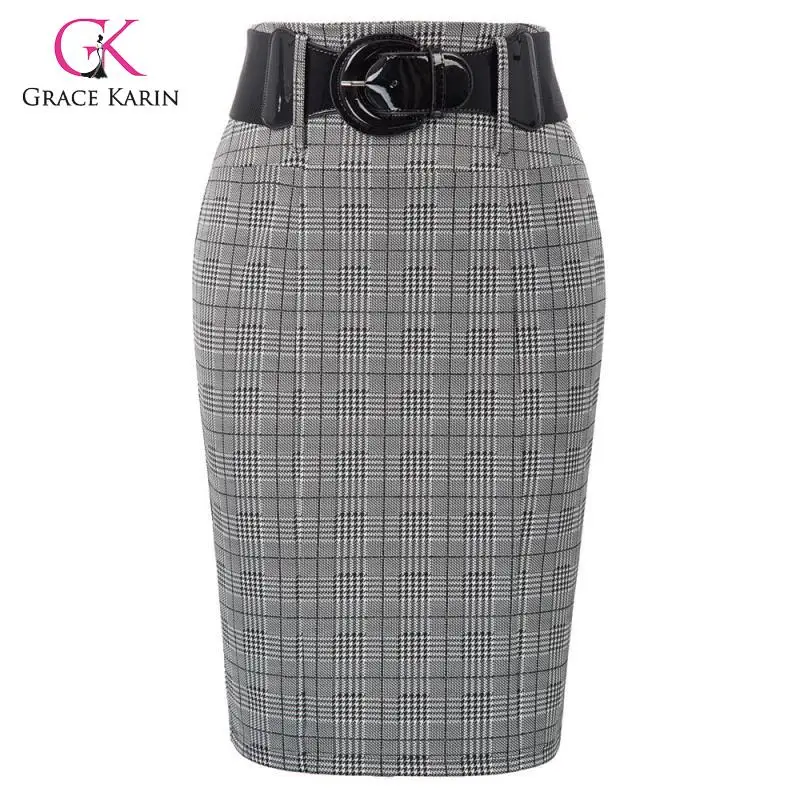 

Grace Karin Plaid Pencil Skirt Women Vintage Hips-Wrapped Skirts With Belt Ladies Office Work Bodycon Skirt Knee Length 2020